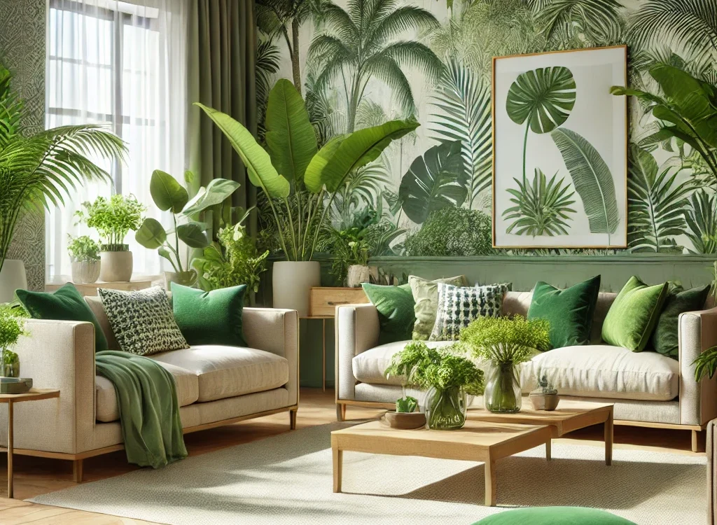 Tropical Living Room Design with Beige and Green Leafy Wallpaper: