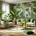 Tropical Living Room Design with Beige and Green Leafy Wallpaper: