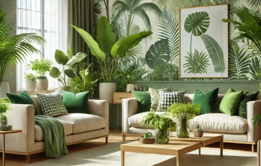 Tropical Living Room Design with Beige and Green Leafy Wallpaper: