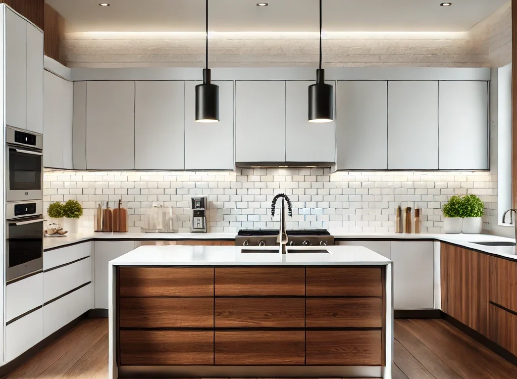 white and walnut contemporary L-shaped kitchen design