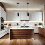 white and walnut contemporary L-shaped kitchen design