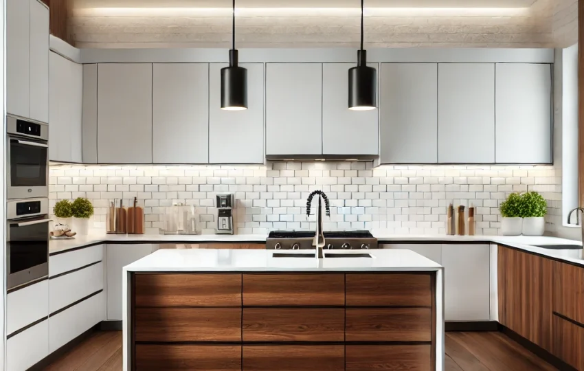 white and walnut contemporary L-shaped kitchen design