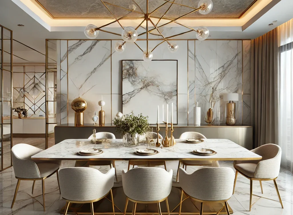 Contemporary Dining Room Design With Marble and Gold Accents