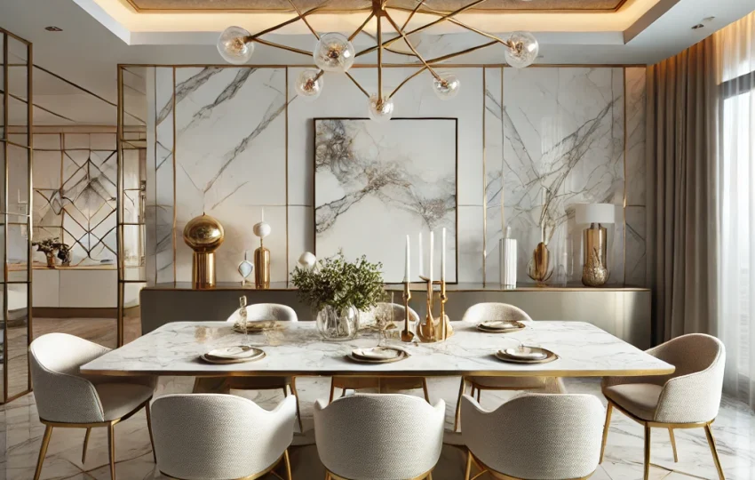 Contemporary Dining Room Design With Marble and Gold Accents