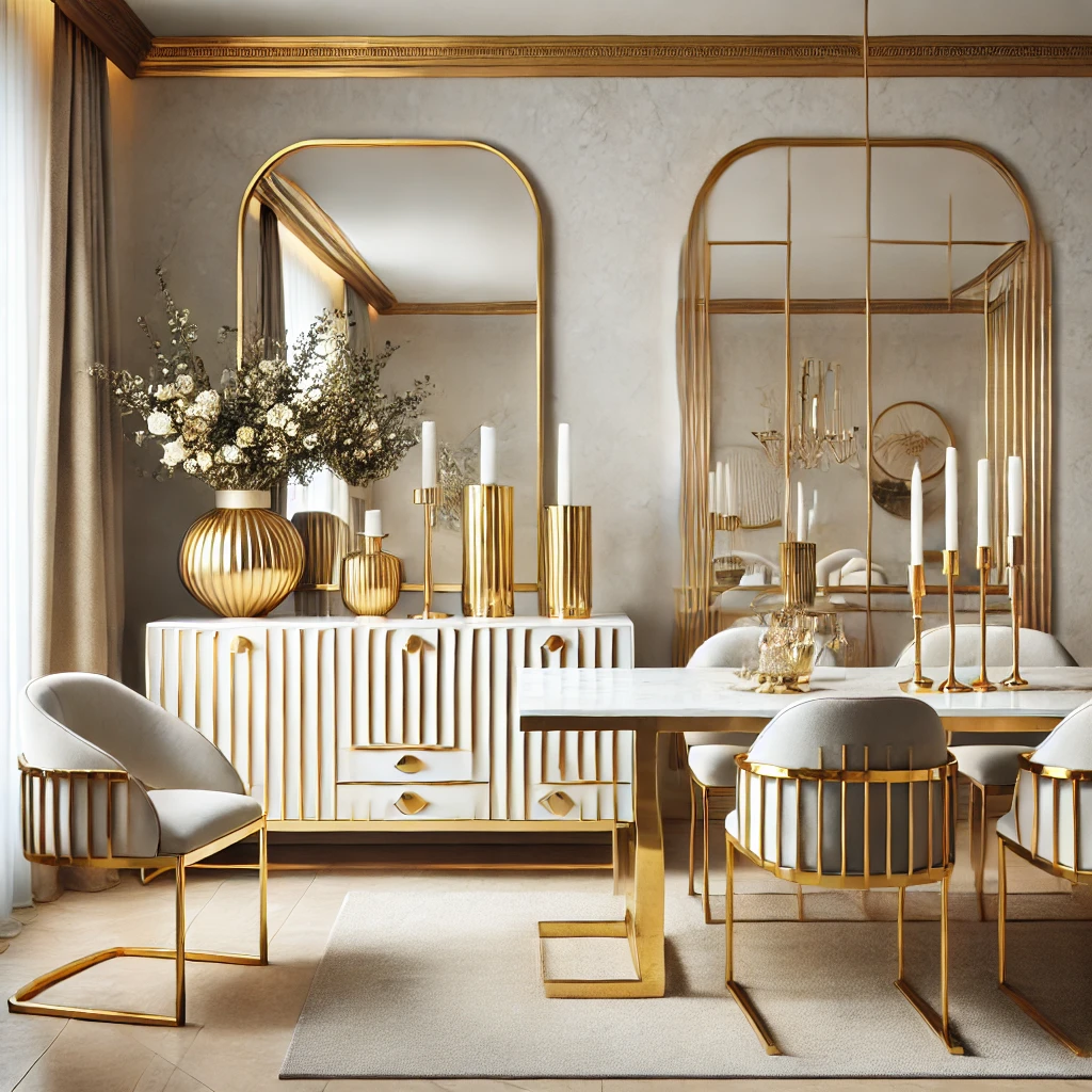 DALL·E 2024 10 20 13.30.40 A contemporary dining room featuring gold hardware and decorative furniture. The room includes a modern sideboard with sleek gold handles and a marble