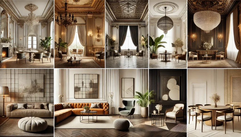 DALL·E 2024 11 29 14.50.19 A sophisticated and stylish collage showcasing six distinct interior design styles each in its own segment. 1. Classic Elegance A grand living room 1