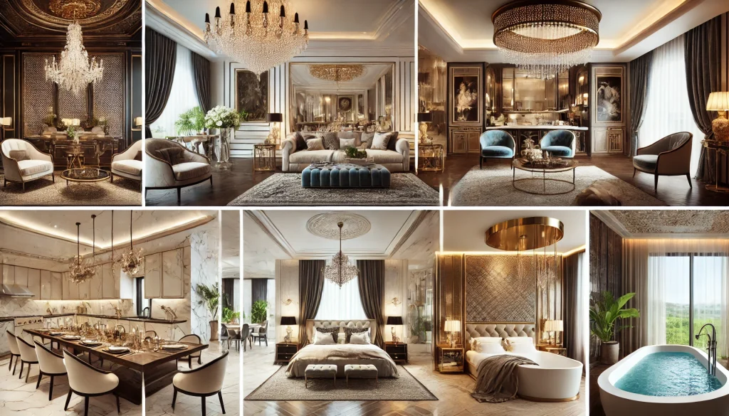 DALL·E 2024 11 29 14.55.01 A visually stunning collage showcasing luxury interior designs for specific spaces a glamorous living room with a grand chandelier and plush seating