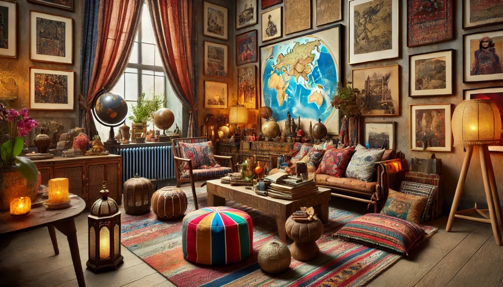 DALL·E 2024 12 01 11.39.55 A visually stunning and eclectic interior design scene featuring travel inspired decor elements. The room includes maps and globes displayed on the wa 1