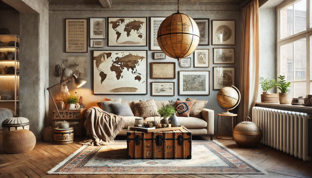 DALL·E 2024 12 01 12.27.01 A cozy and stylish living room that seamlessly integrates travel decor. The design includes a muted color palette with earthy tones featuring a decor