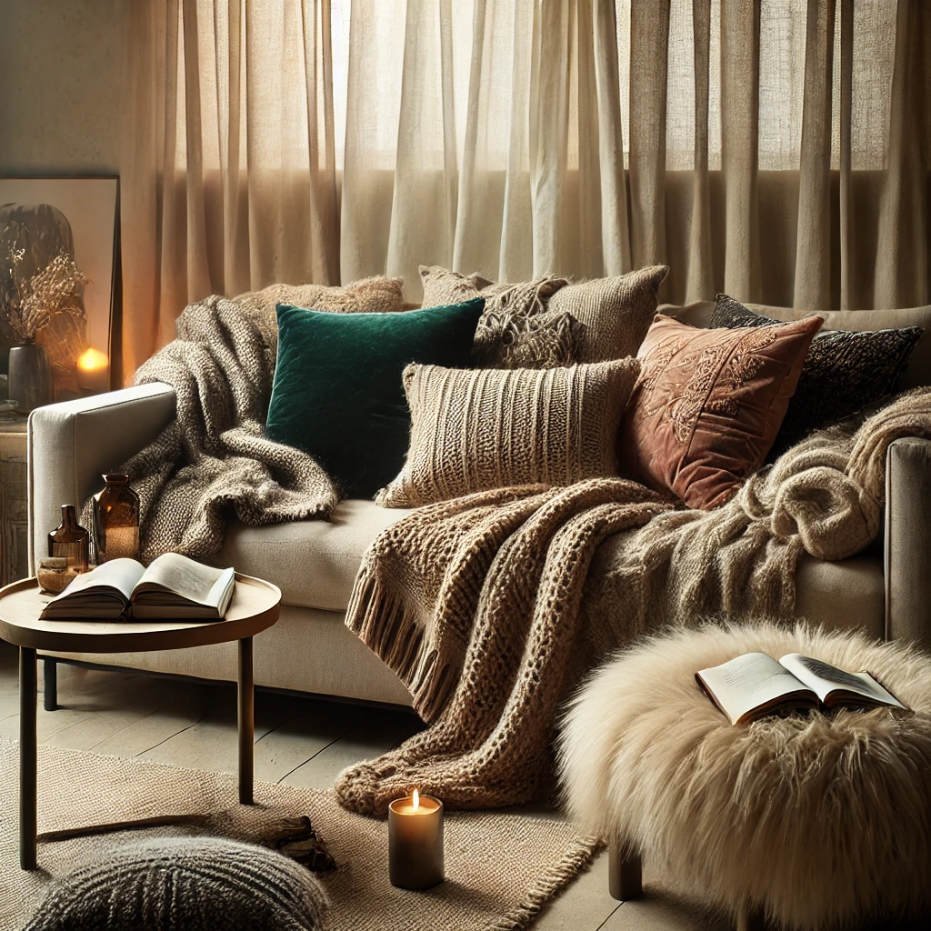 DALL·E 2024 12 04 11.42.45 A cozy interior setting showcasing the concept of layering textures and luxe fabrics. The scene features a neutral toned sofa with plush velvet cushio