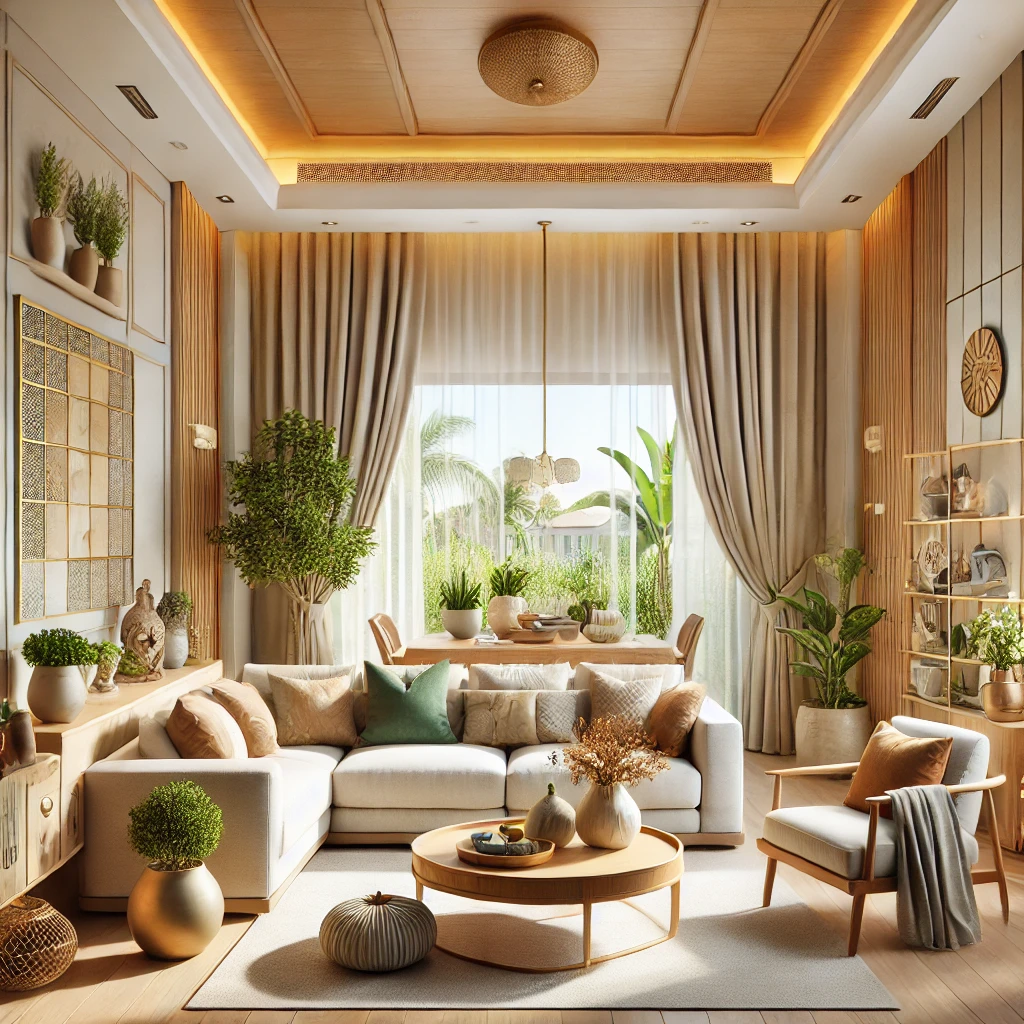 DALL·E 2024 12 05 12.42.22 A serene and welcoming living room designed according to Vastu Shastra principles featuring a harmonious arrangement of furniture. The room includes 1