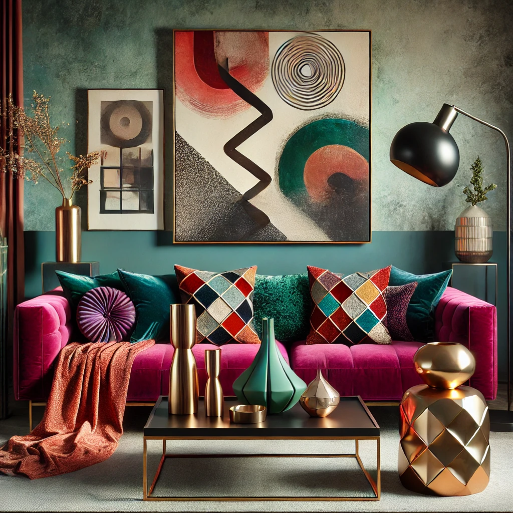 DALL·E 2024 12 05 12.44.28 A vibrant living room setting featuring statement decor and accessories. The space includes a bold abstract wall art piece as a centerpiece a sculptu