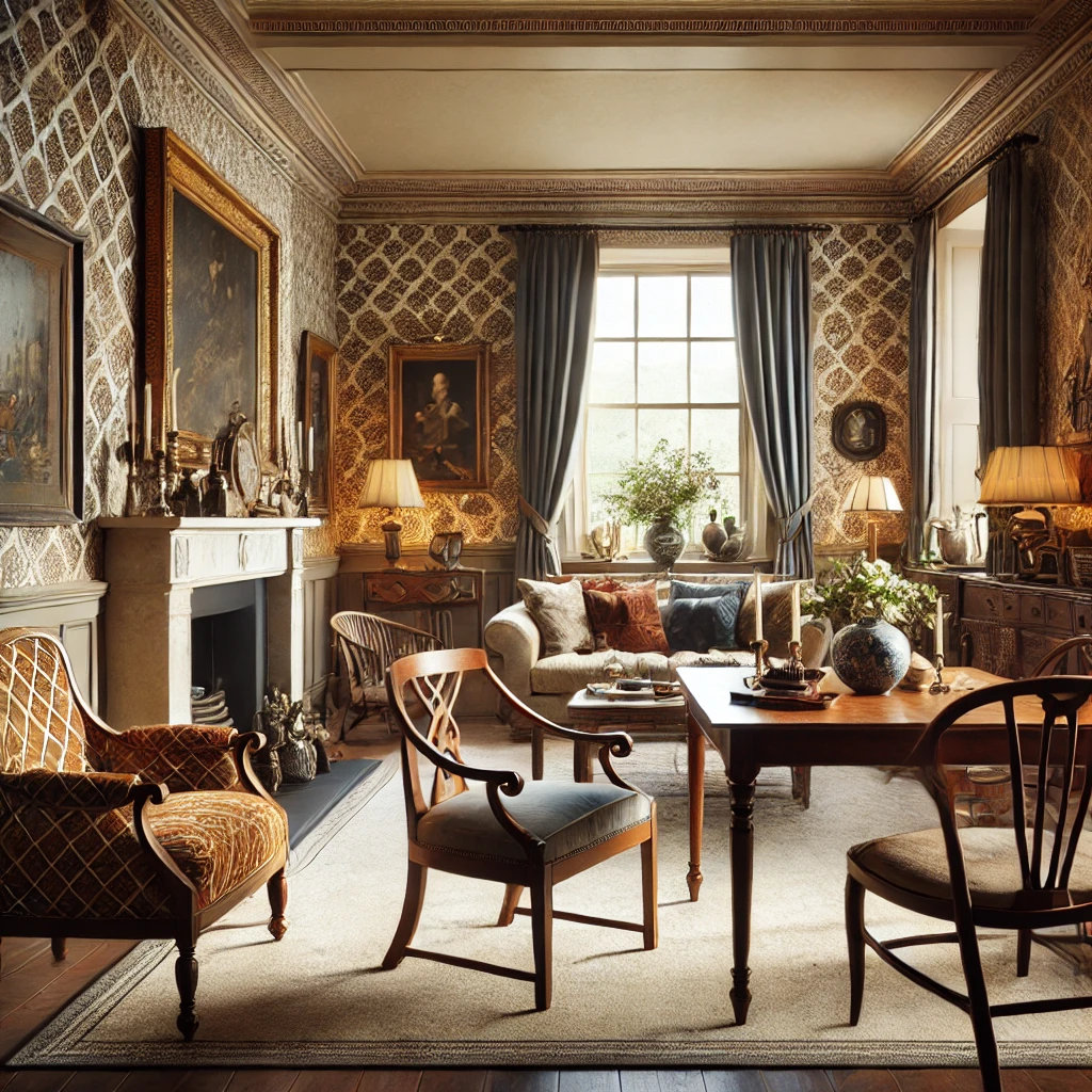 DALL·E 2024 12 08 10.52.05 A stylish interior space designed in the style of Ben Pentreath featuring classic English country house aesthetics. The room has a warm inviting amb