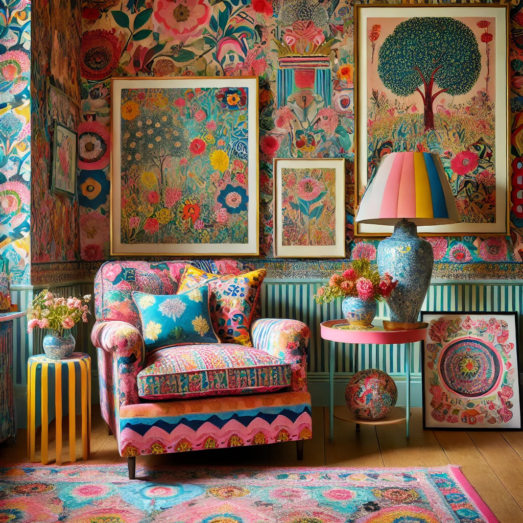 DALL·E 2024 12 08 10.53.04 A vibrant and whimsical interior design inspired by Kit Kemps eclectic style. The room features a mix of bold patterns colorful textiles and playfu