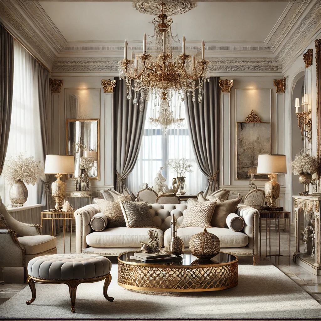 DALL·E 2024 12 08 10.54.09 An elegant and luxurious interior design inspired by Katharine Pooley featuring a sophisticated living room with a soft neutral color palette plush