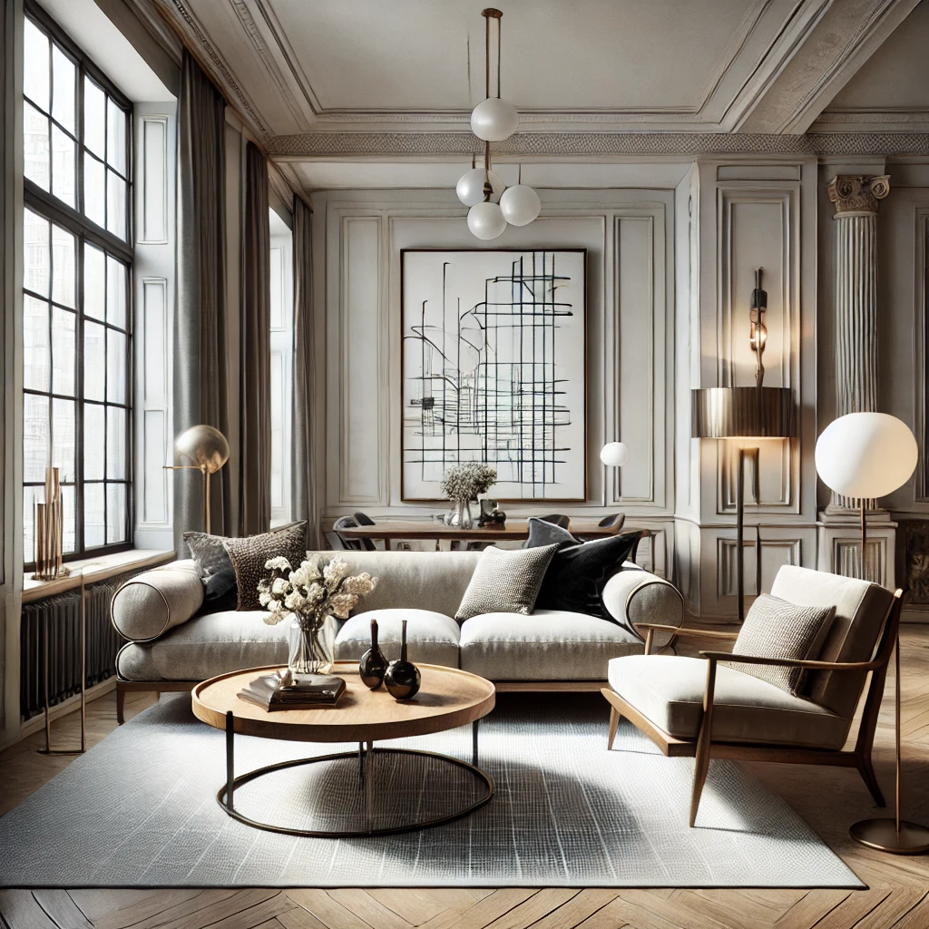 DALL·E 2024 12 08 11.01.42 A sophisticated interior design by Juliette Byrne featuring a blend of classic and contemporary elements. The space includes a sleek modern sofa with