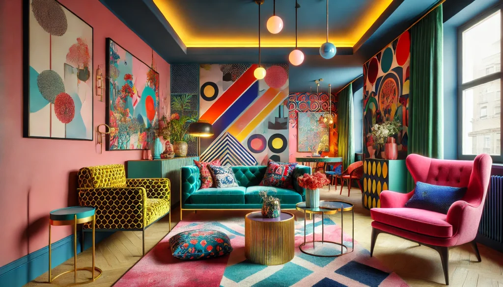 DALL·E 2024 12 08 11.03.33 A vibrant interior design scene created by a London based studio known for bold and eclectic designs. The room features vibrant colors and dynamic pat