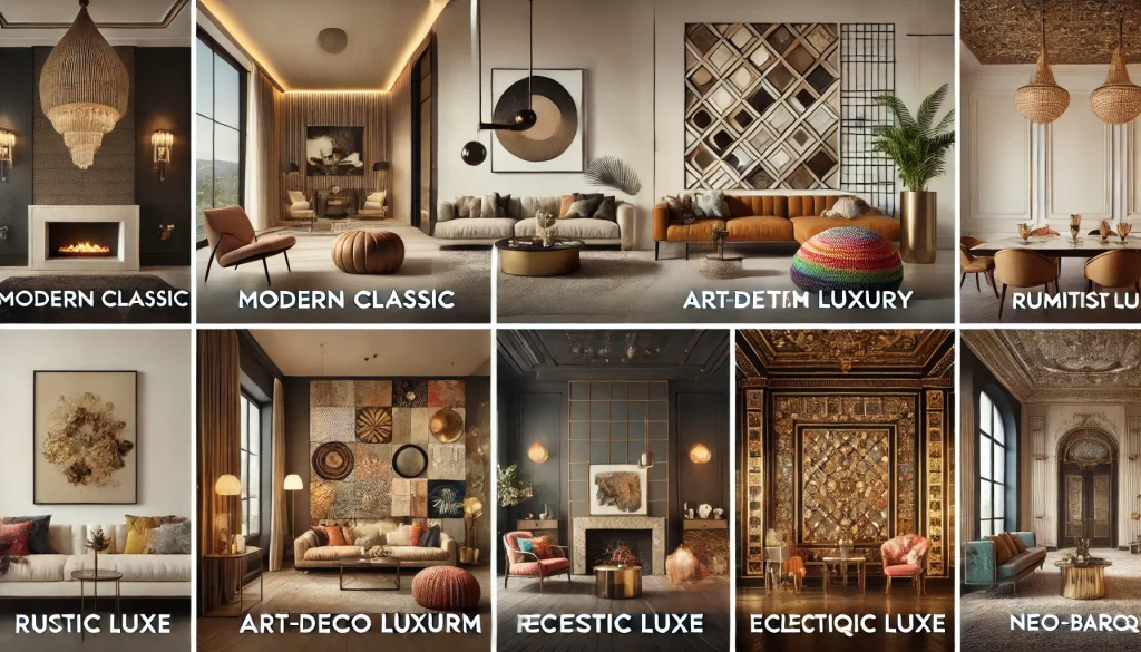 DALL·E 2025 01 09 16.10.43 A visually striking collage showcasing diverse luxury interior design styles Modern Classic Luxury Minimalist Luxury Art Deco Glam Rustic Luxury