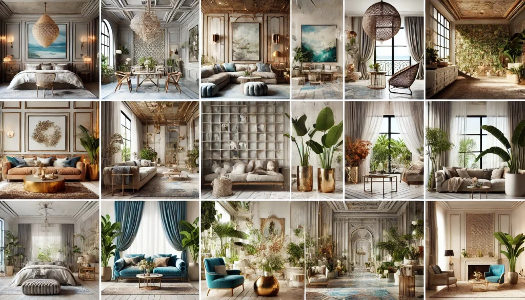 DALL·E 2025 01 09 16.15.09 A visually stunning collage showcasing various interior design styles Contemporary Glam with metallic accents and plush textures Coastal Luxury feat