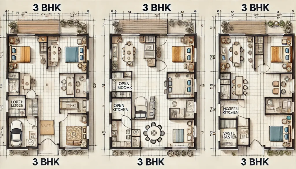 DALL·E 2025 01 10 16.59.10 Create three distinct 3 BHK floor plans with detailed layouts and labeled spaces incorporating Vastu guidelines. Plan 1 Compact and functional with