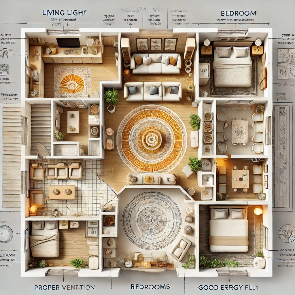 DALL·E 2025 01 10 17.05.09 A detailed interior design concept for a Vastu compliant 3 BHK house showing the layout of the living room kitchen bedrooms and bathrooms along w