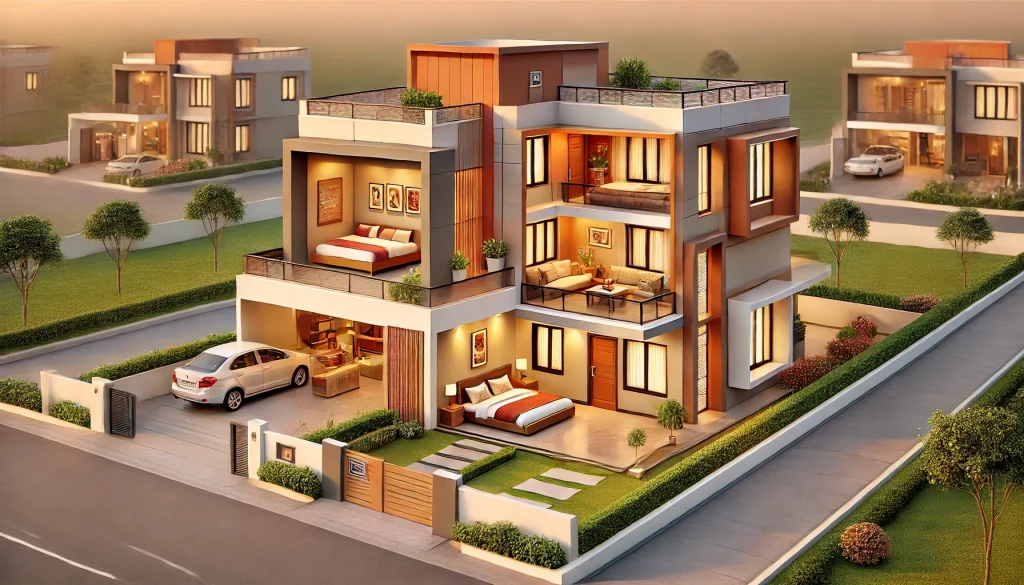 DALL·E 2025 01 11 11.11.38 A modern West facing Vastu compliant 3 BHK house design. The house features a spacious and well lit living room in the North East corner bedrooms in