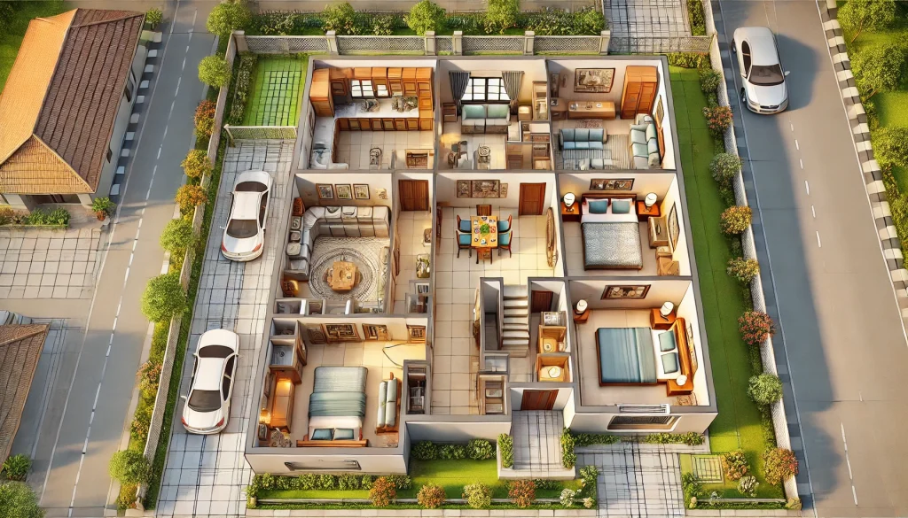 DALL·E 2025 01 11 11.12.48 A detailed illustration of a North facing Vastu compliant 3 BHK house layout. The design includes three bedrooms a living room a dining area a kitc 1