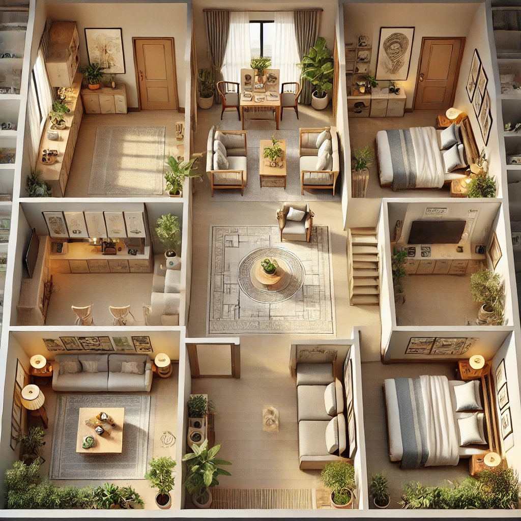 DALL·E 2025 01 11 11.13.51 A south facing Vastu compliant 3 BHK apartment layout showcasing harmonious interior design with open spaces and natural light. The living room is sp 1