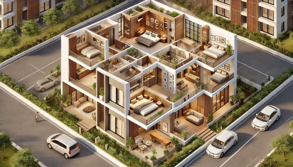 DALL·E 2025 01 11 13.39.50 A modern South facing 3 BHK apartment designed following Vastu Shastra principles. The layout includes a spacious living room in the northeast a kitc 1