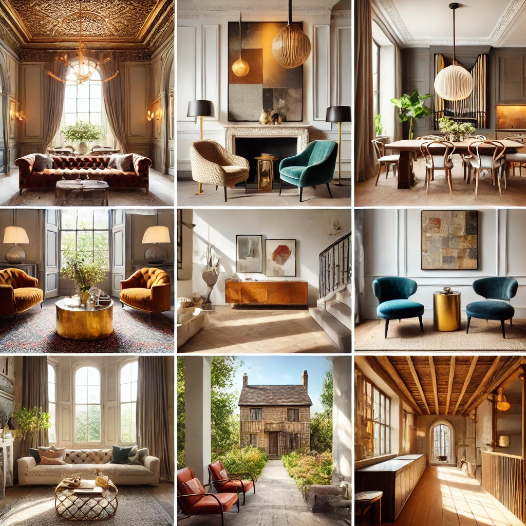 DALL·E 2025 01 11 13.46.56 A collage showcasing the work of renowned British interior designers featuring a mix of modern classic and eclectic styles. The image includes a lu