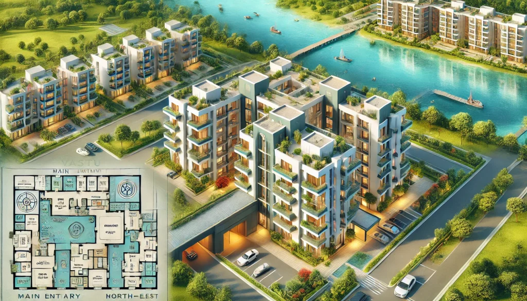 DALL·E 2025 01 13 15.41.43 A detailed artistic rendering of a modern apartment complex with square or rectangular shaped buildings located near a large water body such as a ser