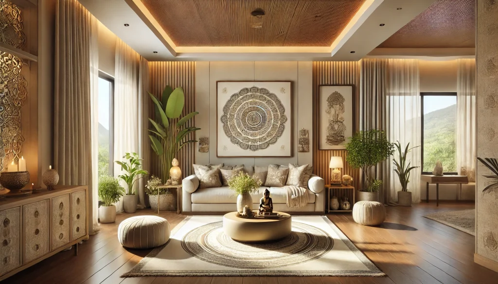 DALL·E 2025 01 13 15.53.24 A beautifully arranged Indian living room designed with Vastu principles for positive energy. The space features natural light streaming in through la