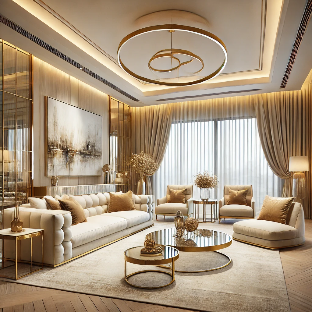 DALL·E 2025 01 16 18.01.48 A luxurious modern living room featuring a cream color palette. The room has plush cream sofas with golden accents a sleek glass coffee table and el