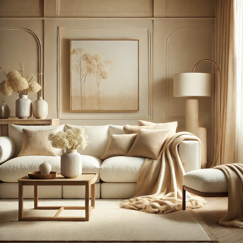 DALL·E 2025 01 16 18.02.48 A serene and elegant interior featuring a cream color palette. The room includes cream colored walls a plush cream sofa adorned with beige and light