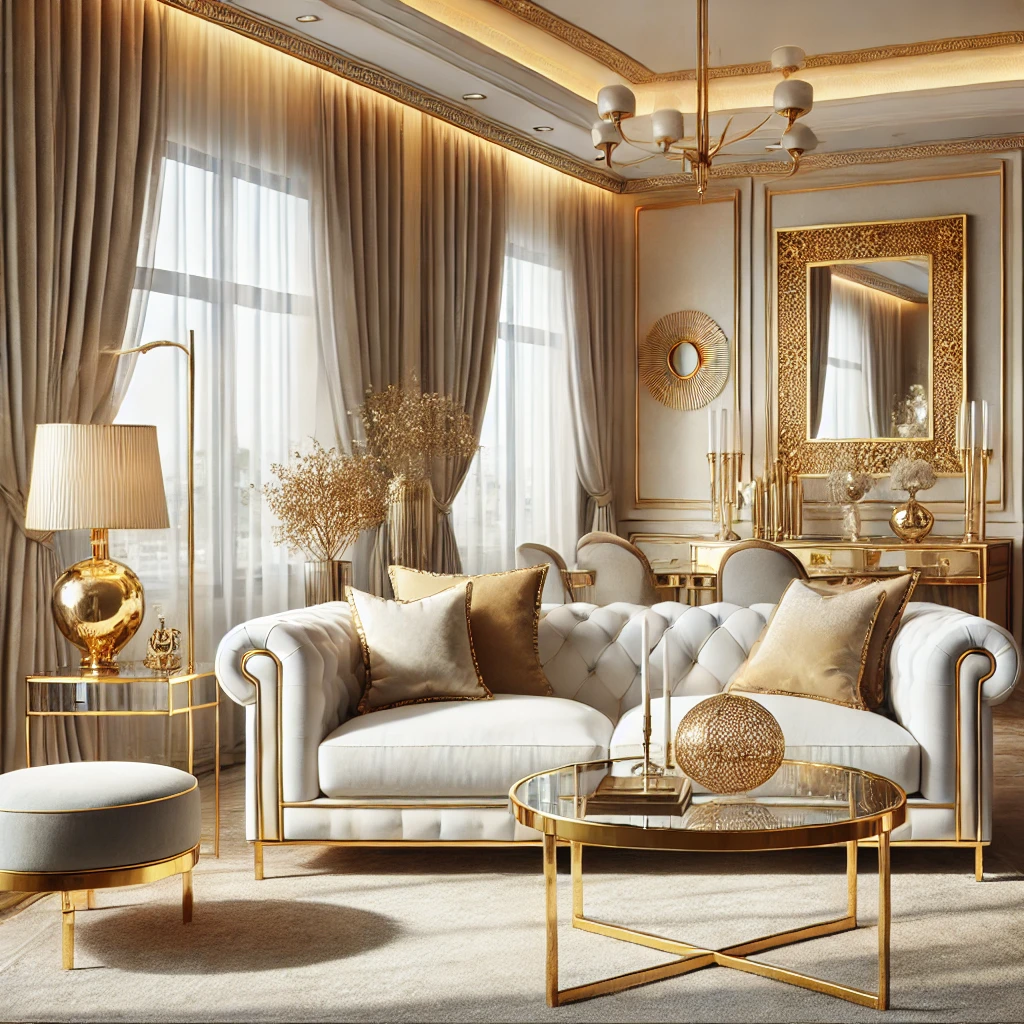 DALL·E 2025 01 17 10.04.18 A luxurious and elegant living room designed with gold accents. The setting includes a plush white sofa with gold trim a glass coffee table with gold 2