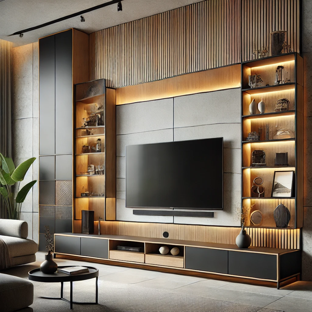 DALL·E 2025 01 17 10.06.50 A stylish and modern entertainment unit designed for a living room. The unit features a sleek wooden frame with a combination of matte black and natur 1