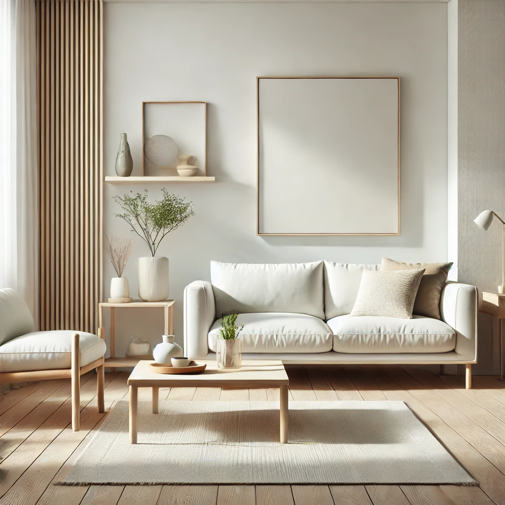 DALL·E 2025 01 18 14.23.15 A minimalist and clean design interior with modern furniture featuring a sleek white sofa a light wooden coffee table and a geometric rug. The sett 1