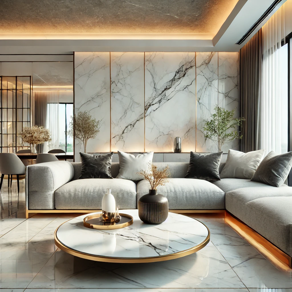 DALL·E 2025 01 18 14.25.14 A luxurious modern living room featuring a marble touch design. The room includes a sleek marble coffee table with gold accents a white marble featur 1