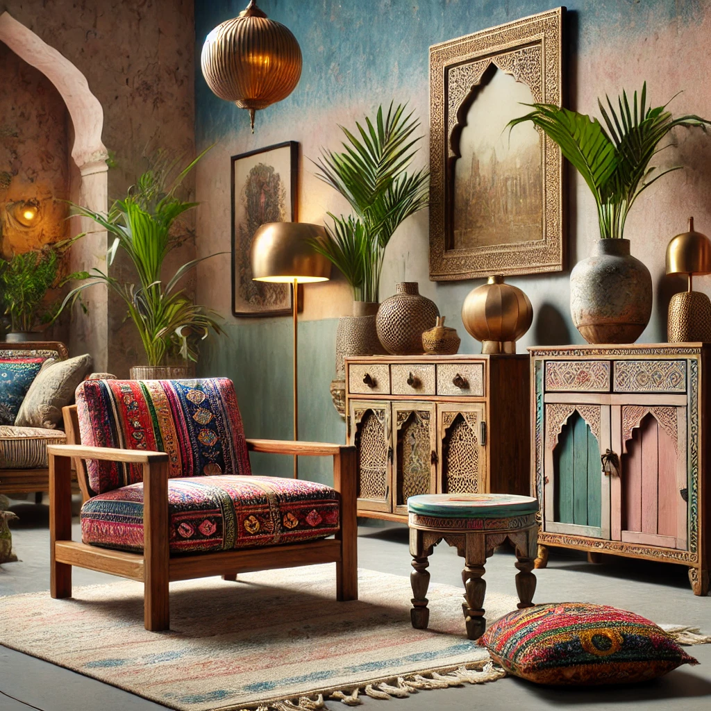 DALL·E 2025 01 18 17.14.21 An artistic scene showcasing an elegant room with revamped old Indian furniture in a modern design style. The furniture includes a traditional wooden 1