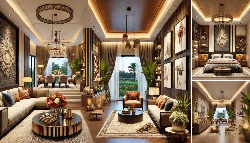 DALL·E 2025 02 02 14.00.22 Interior design ideas for a luxurious 5 BHK house with a blend of modern and traditional elements. The living room features elegant seating a combina