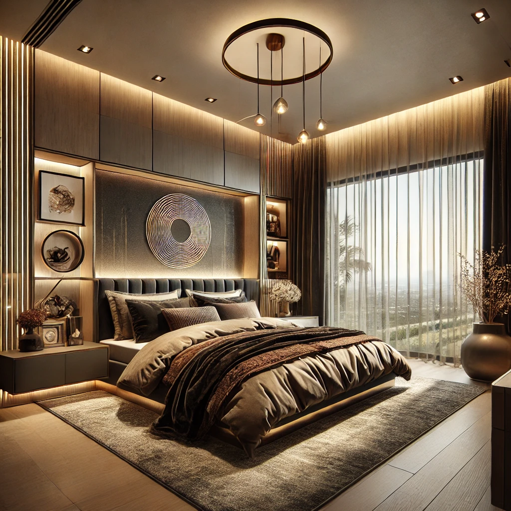 DALL·E 2025 02 04 17.29.30 A luxurious modern 3BHK bedroom design featuring elegant aesthetics with a harmonious blend of modern and luxurious elements. The room includes a king