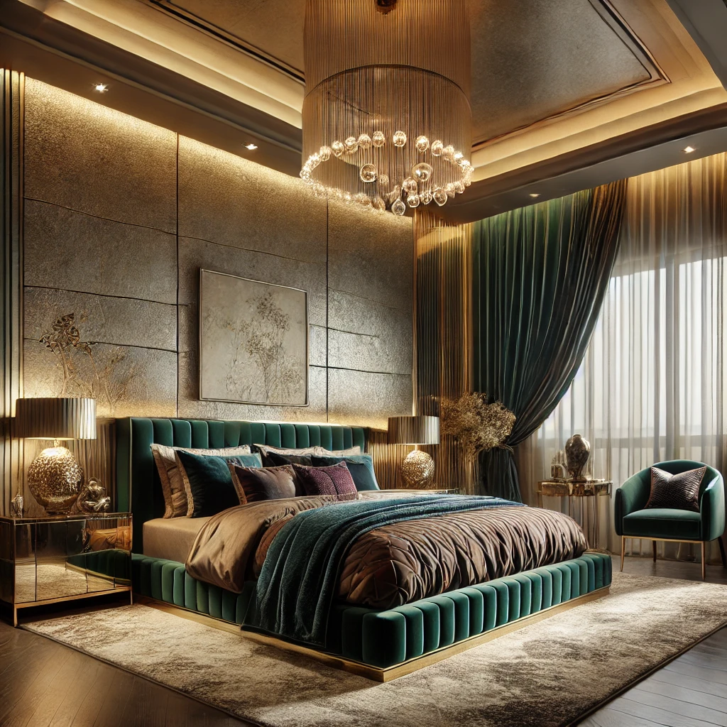 DALL·E 2025 02 04 17.31.33 A luxurious 3BHK bedroom design with sophisticated use of color and textures. The room features a large king size bed with rich velvet bedding in dee