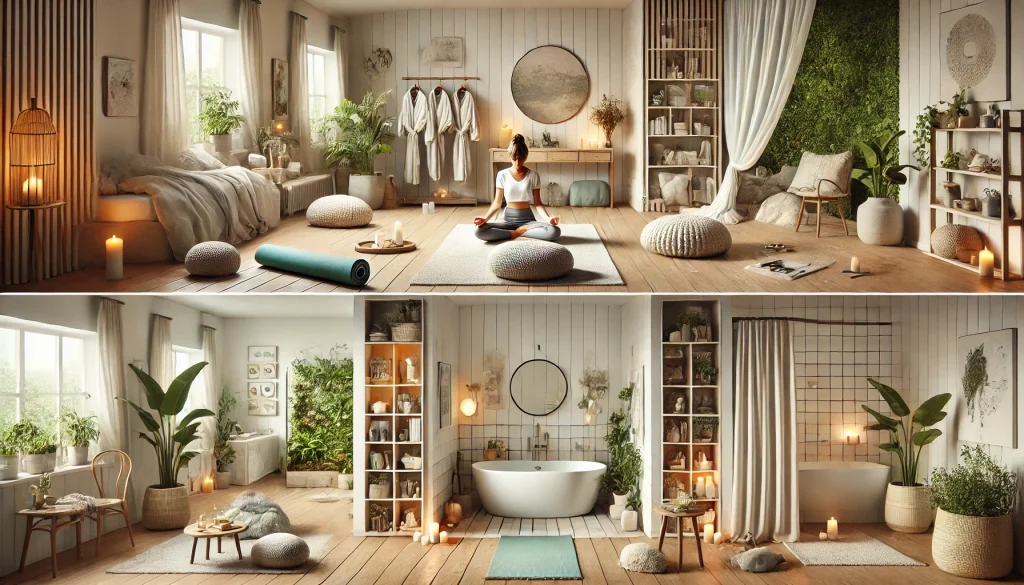 DALL·E 2025 02 05 16.45.57 A serene multi functional at home wellness space. The scene includes a Zen Meditation Corner with floor cushions calming decor and minimalistic de