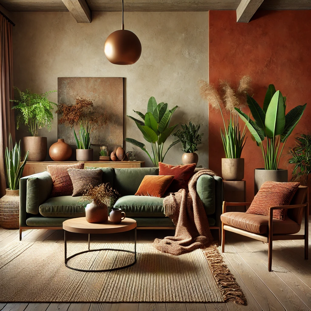 DALL·E 2025 02 05 16.47.37 A modern living room with amped up earth tones featuring a mix of rich terracotta deep ochre and olive green. The space includes a plush sofa in de