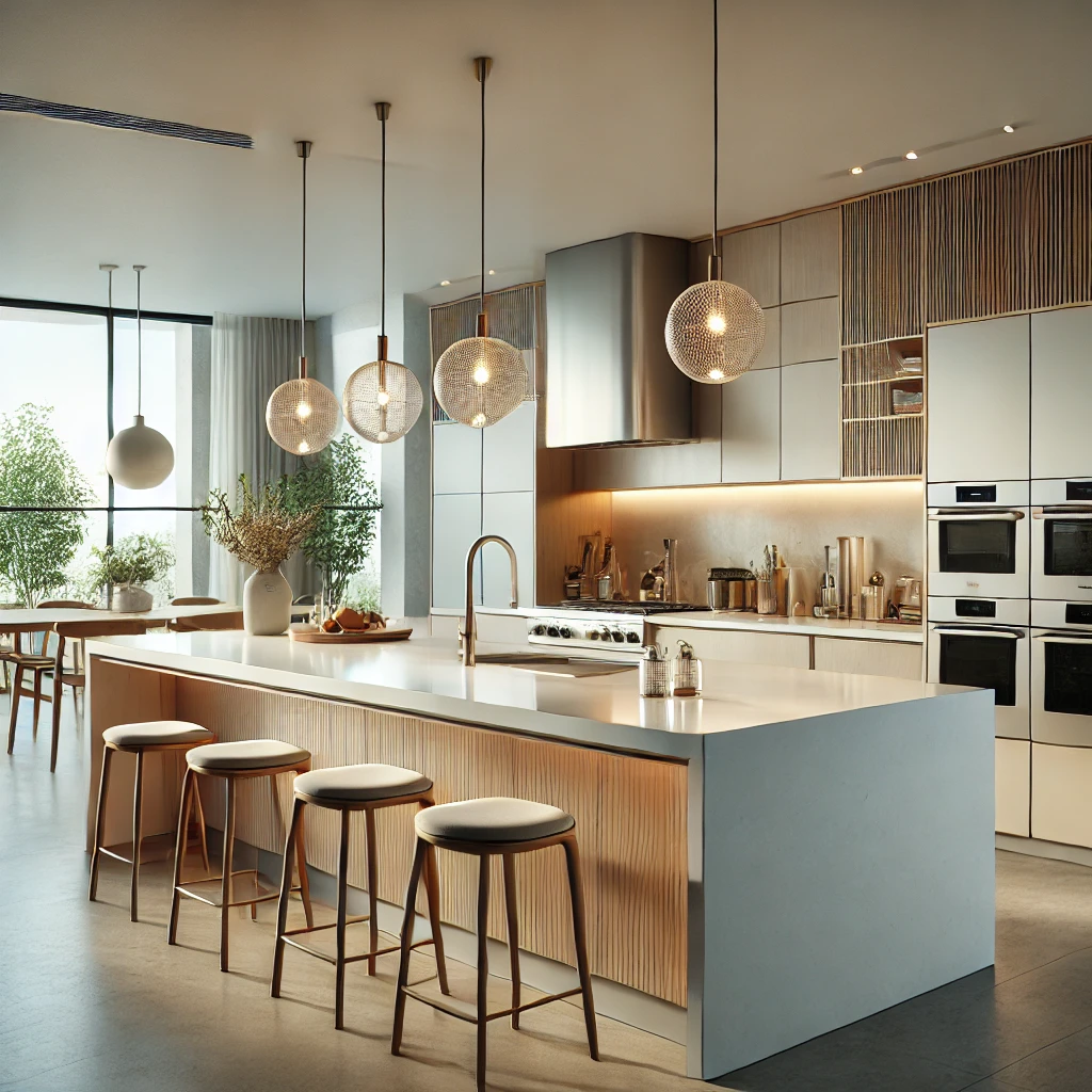 DALL·E 2025 02 06 16.04.06 A modern island kitchen with a sleek minimalist design. The island is large with a white quartz countertop and built in storage. Pendant lights hang