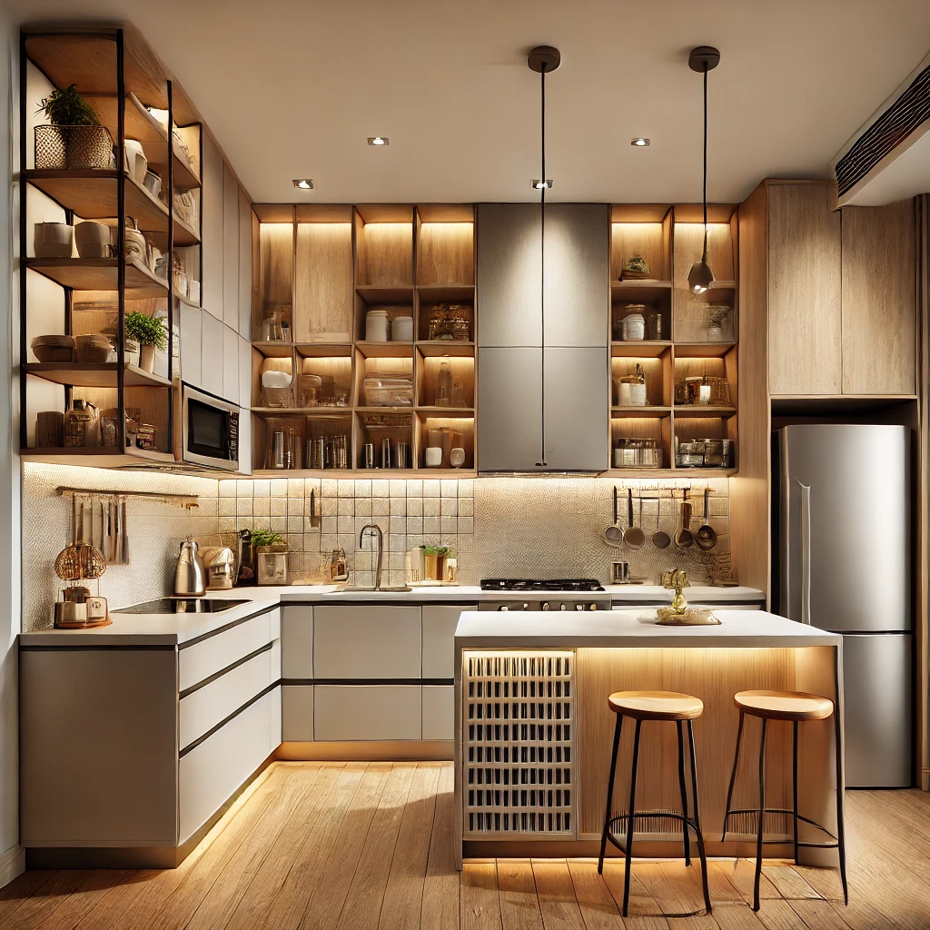 DALL·E 2025 02 06 16.05.23 A modern and functional kitchen design for a 3BHK flat. The kitchen is compact yet stylish featuring modular cabinets with a mix of open shelves and 1 1