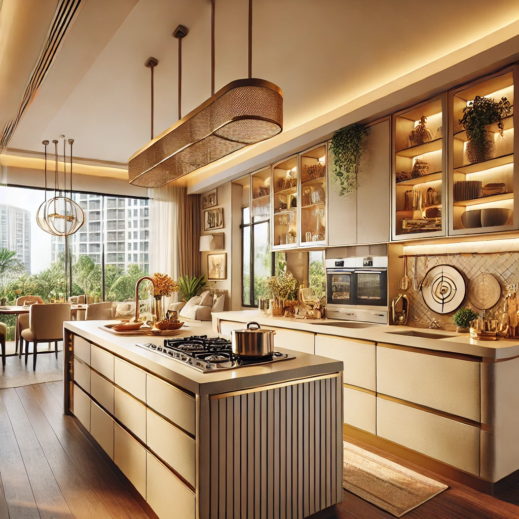 DALL·E 2025 02 08 15.39.26 A luxurious 3BHK kitchen designed according to Vastu principles focusing on creating a positive and harmonious energy. The kitchen has ample natural