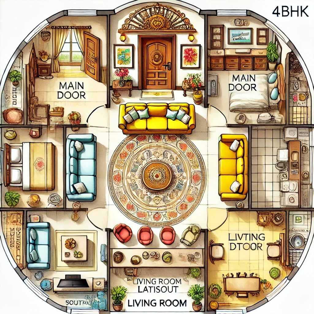 DALL·E 2025 02 09 16.04.08 A detailed Vastu compliant 4BHK living room layout showcasing key elements for attracting positivity. The image should include 1. Main Door Placem 1