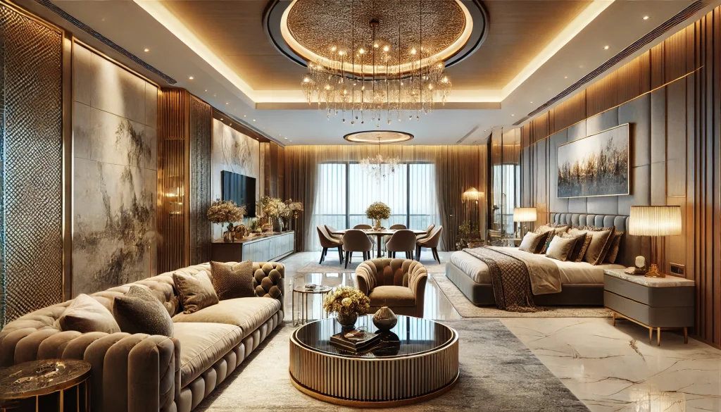 DALL·E 2025 02 09 16.07.19 A luxurious 4BHK apartment interior with a modern and elegant design. The living room features a grand chandelier plush velvet sofas a marble coffee