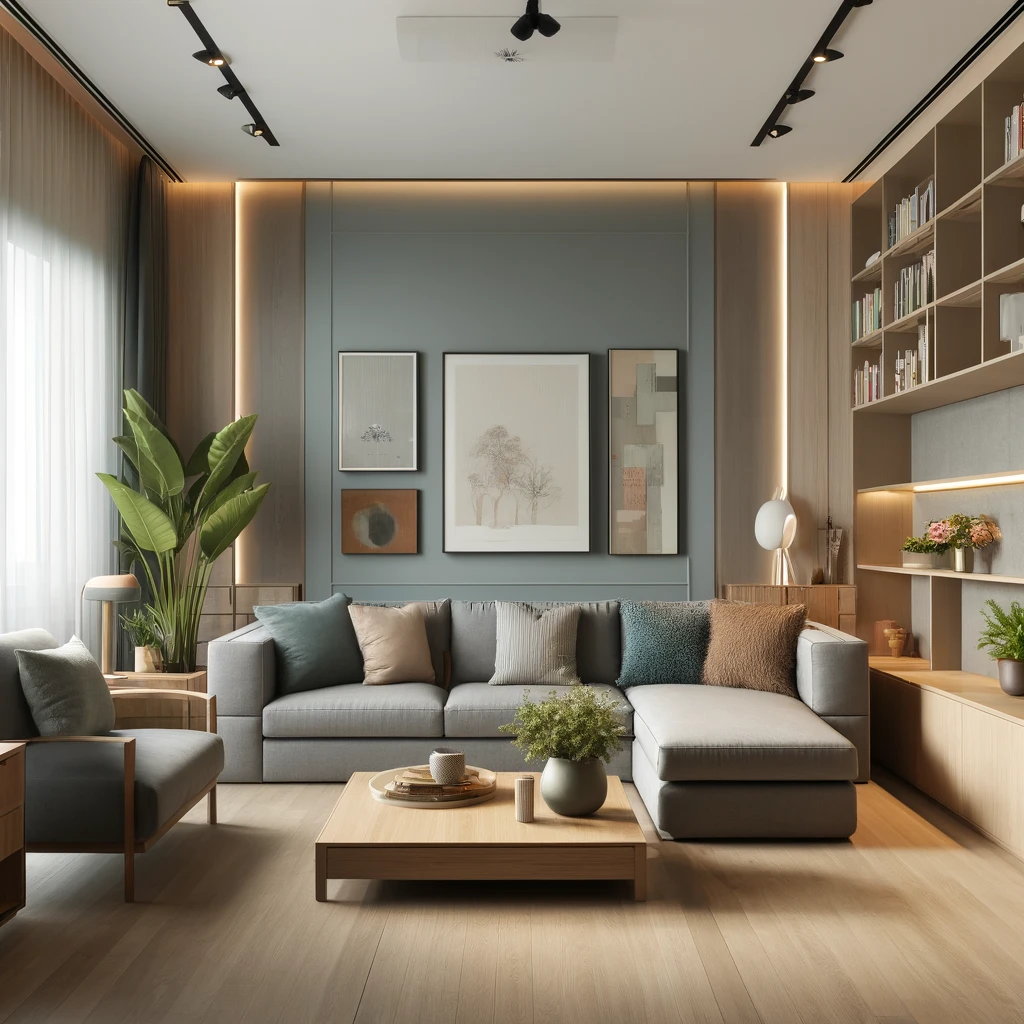 DALL·E 2025 02 10 14.59.41 A modern 3BHK living room with a combination of light and dark tones. The walls are painted in soft neutral shades with a feature wall painted in a mu